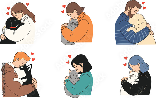 People hugging pets, emotional bond, dog and cat love, diverse owners, animal affection, heartwarming moment, pet care, human connection