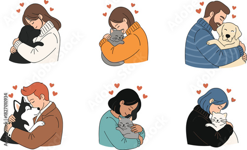 People hugging pets, emotional bond, dog and cat love, heartwarming moment, animal affection, cad drawing flat vector, pet illustration