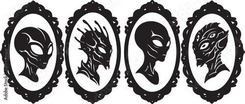 Four Alien Silhouettes in Ornate Oval Frames on White Background extraterrestrial on transparent background