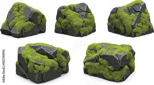 Moss covered rocks, rugged stone texture, natural boulders, green moss patches, geology elements, outdoor terrain, nature background, isolated objects