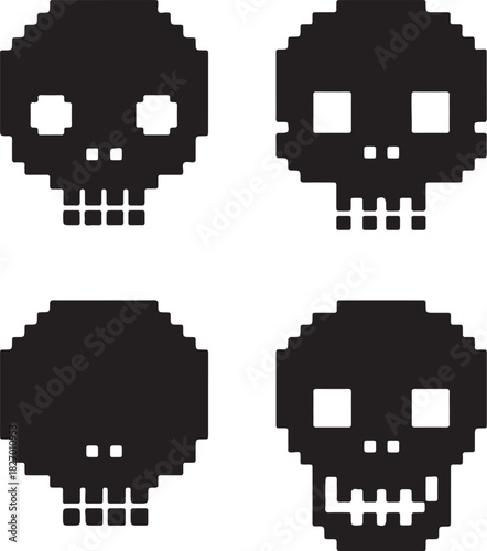 Four Pixelated Black Skulls with Different White Eye and Mouth Details on White Background pixel art on transparent background