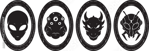 Four Black Silhouettes of Alien and Monster Heads in Circular Frames Keywords: alien, monster, creature, extraterrestrial, head, face, silhouette, icon, symbol, graphic, on transparent background