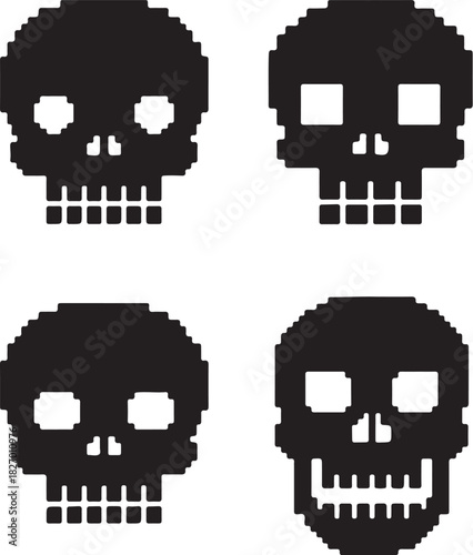 Four Pixelated Black Skulls with White Eyes and Teeth on White Background pixel art 8-bit on transparent background