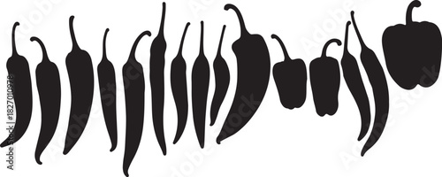 Row of black chili pepper and bell pepper silhouettes on a white background Keywords: chili pepper, silhouette, bell pepper, hot pepper, jalapeno, cayenne, paprika, spice, on transparent background
