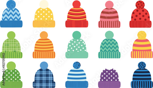 Winter hats collection, colorful beanies, knitted patterns, pom-pom styles, seasonal fashion, cozy headwear, vector illustration, flat design, cad drawing flat vector