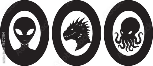 Three circular icons featuring a silhouette of an alien a dragon and an octopus on white background alien silhouette on transparent background
