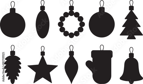 Christmas tree toy black glyph silhouette set. New year holiday decoration stamp stencil mark trace candy star ball pine cone icicle mitten bell spiral gift celebration design party element isolated