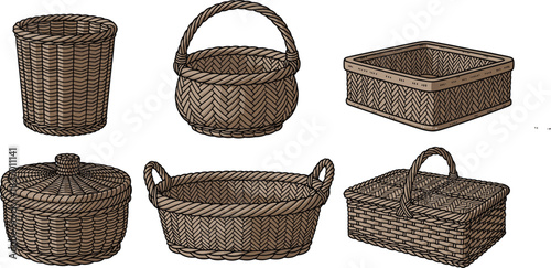 Woven basket collection, handmade wicker containers, traditional craft, natural fiber storage, rustic home decor, braided handle, lid, herringbone weave