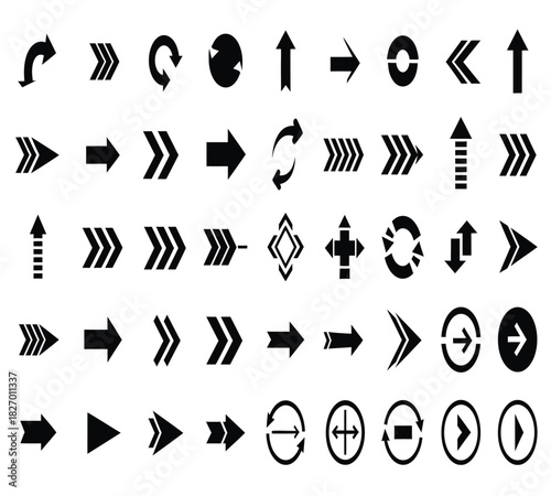 A comprehensive collection of black arrow icons and symbols, depicting various directions, movements, and actions for design projects, isolated on white background