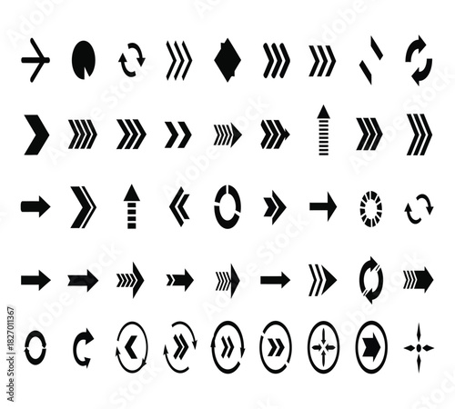 A comprehensive collection of black arrow icons and symbols, depicting various directions, movements, and actions for design projects, isolated on white background