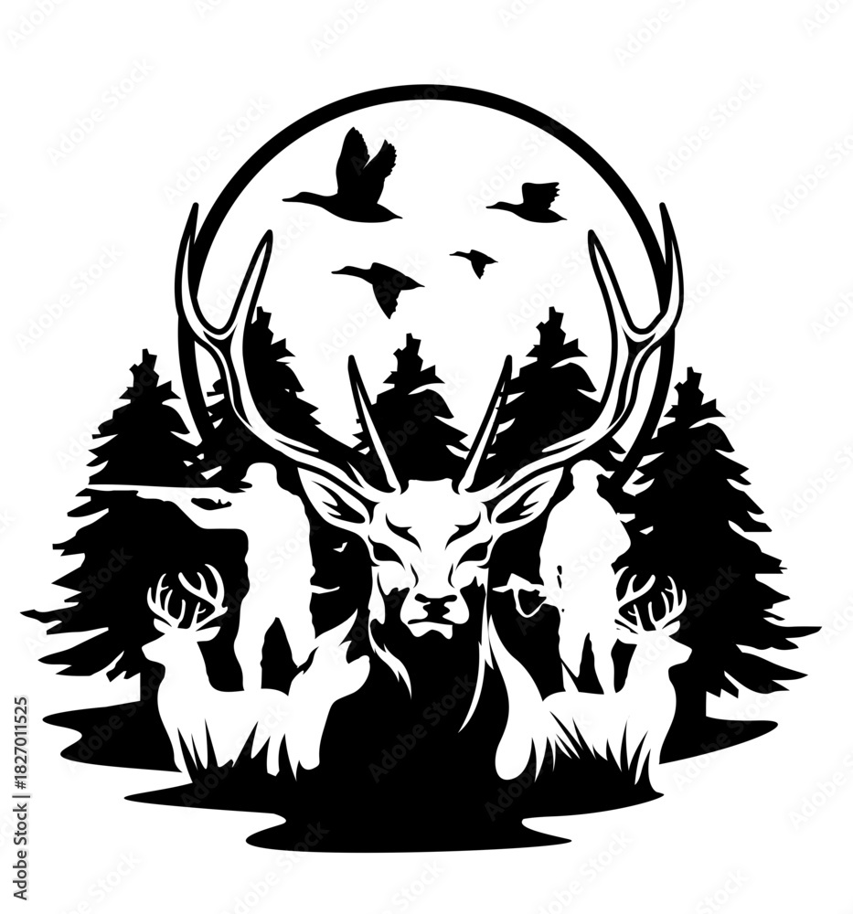 Fototapeta premium Deer Hunters Mountain Scene Vector Illustration