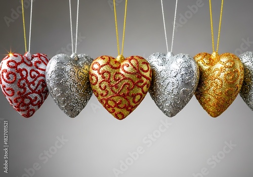 Glittering heart ornaments with gold, silver, and red textures