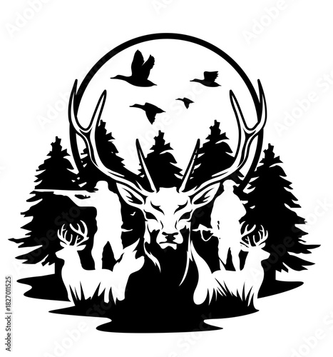 Deer Hunters Mountain Scene Vector Illustration