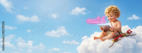 Cupid sits on a cloud, putting aside his bow and arrows, and looks at his tablet, where he makes people fall in love through a dating app