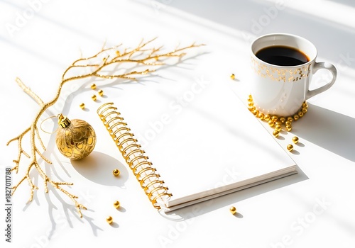 Festive golden ornaments, coffee, and notebook on white surface