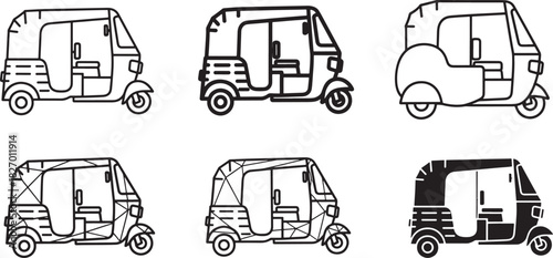 A collection of diverse auto rickshaw and tuk tuk vehicle illustrations, featuring various line art styles, outlines, and solid shapes for urban transport designs Vector