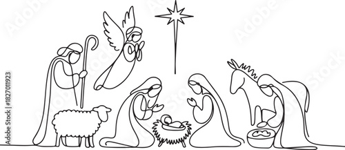 Continuous one line drawing. Bible Merry christmas scene of holy family. Vector illustration