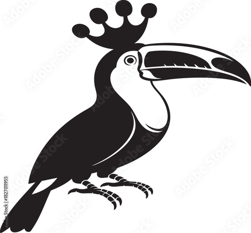 A stylized black and white illustration of a toucan bird adorned with a regal crown, perched with its beak pointing left.
