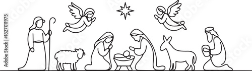 Continuous one line drawing. Bible Merry christmas scene of holy family. Vector illustration