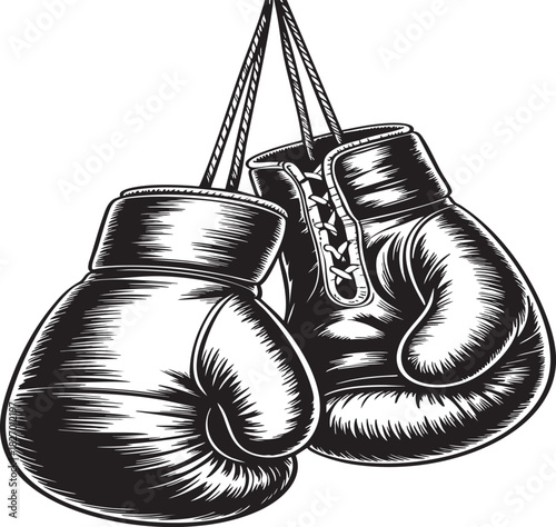 A detailed sketch of two worn, vintage boxing gloves hanging by their laces against a textured background.