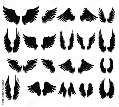 wing, angel, feather, bird, black, set, collection, graphic, design, element, symbol, silhouette, tattoo, heaven, freedom, flight, spirituality, divine, mystic, fantasy, creature, mythology, religion,