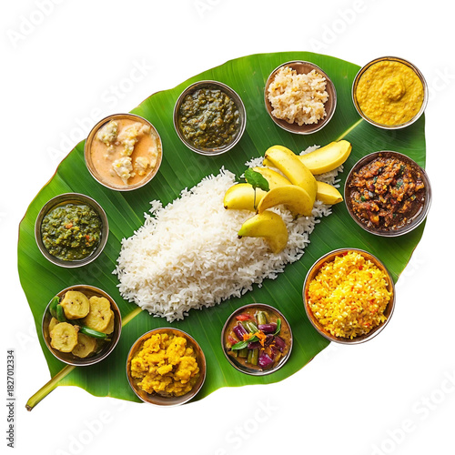  Happy Onam, an Indian festival, Kerala Onam - Sadya served on banana leaves isolated on transparent background.png