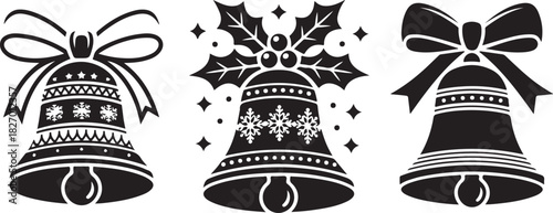 Decorative Christmas bells silhouette set with festive patterns in black and white illustration. Holiday Season Symbol, christmas bell icon, christmas bell illustration , christmas silhouette, Bell
