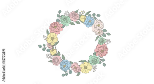 A beautiful floral wreath made of pastel-colored flowers, perfect for spring and summer designs and decorations