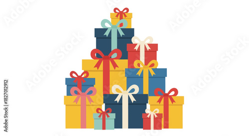 A colorful tower of wrapped gift boxes, adorned with festive ribbons, symbolizing celebration and generosity