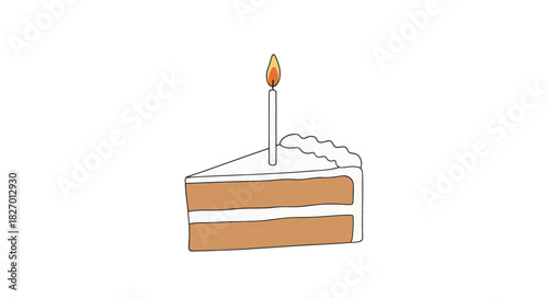 A slice of birthday cake with a single lit candle, perfect for celebrating special occasions and sweet moments