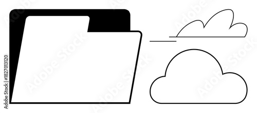 Open file folder connected to simple cloud shapes representing data storage, sharing, and syncing. Ideal for technology, storage, internet, cloud computing, data management, organization