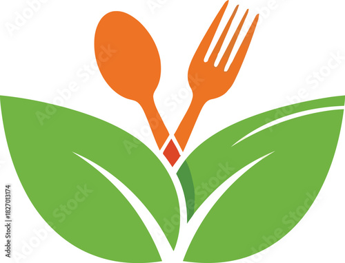 Healthy food logo: fork, spoon, and green leaves