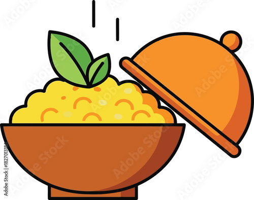 Appetizing hot meal serving dish with lid and garnish