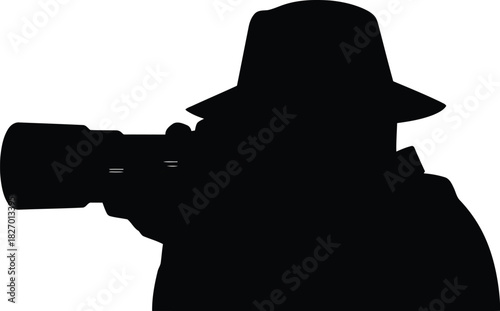 Silhouette of a detective with camera, spy, investigation