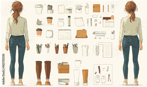 Female character and diverse office supplies asset collection Vector