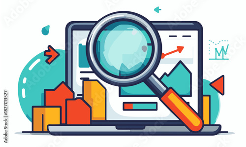 Digital data analysis and market research with laptop illustration Vector