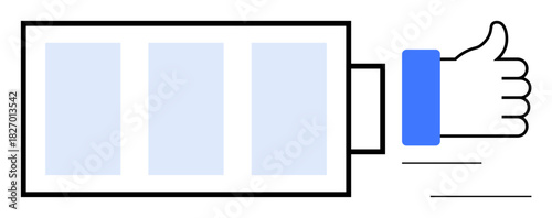 Social media approval. A thumbs up icon highlights approval of a three-grid content layout. Social media approval reflects engagement and positive feedback. For online branding, content marketing