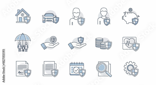 Collection of Insurance and Protection Icons Representing Various Assets and Services.