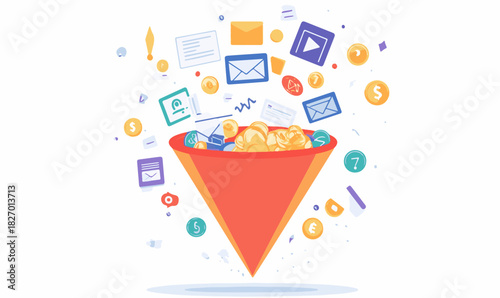 Business sales funnel: data processing, lead generation, and profit Vector
