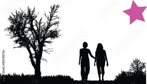 Couple walking together silhouette, nature landscape scene with trees, peaceful outdoor moment, romantic partners illustration under bright pink star design