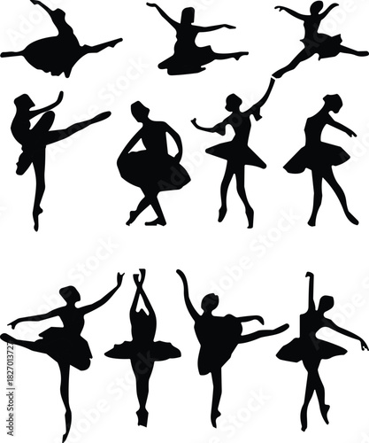 Ballet dancer silhouettes, elegant ballerina poses collection, graceful dance movements, classical ballet illustration set for performing arts and choreography design