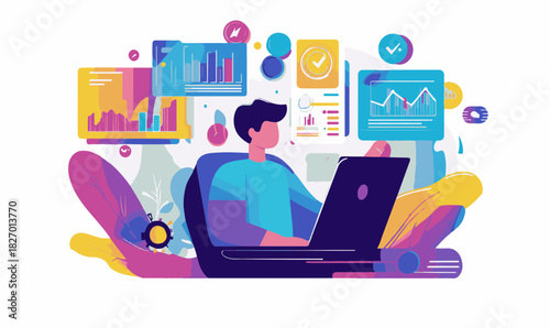 Digital workspace illustration: man analyzing business data on laptop Vector