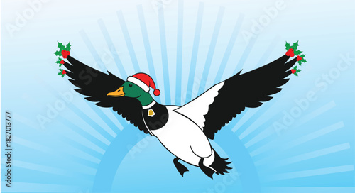 Flying Mallard Duck in Santa Hat with Holly Wings Keywords: duck, mallard, bird, flying, wings