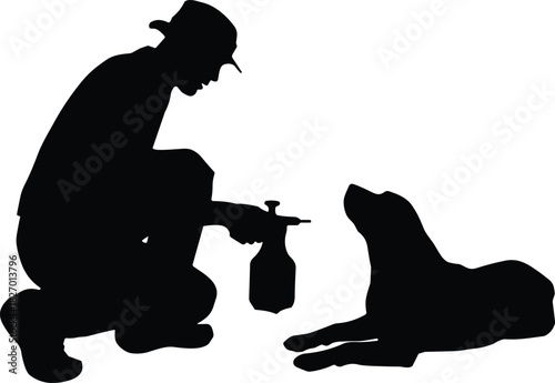 Dog training silhouette, trainer teaching dog commands, pet obedience session outdoors, handler with spray bottle, canine behavior illustration design