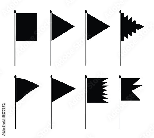 Black flag silhouettes set with various shapes and designs, including rectangular, triangular, and jagged edges, isolated on white background