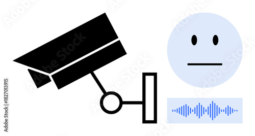 Surveillance camera tracking face and voice waveform. Ideal for security, AI, monitoring, data privacy, technology, digital safety, and surveillance concepts. Simple flat metaphor