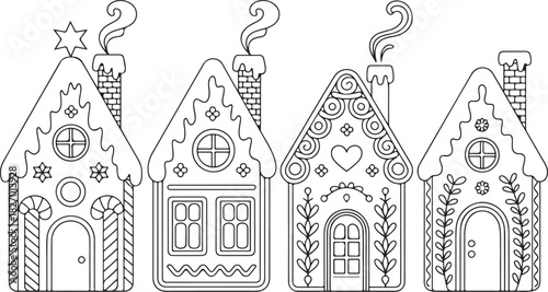 Four decorative gingerbread houses in a row silhouette