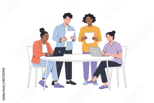 Illustration of four people working at a round table with laptops papers