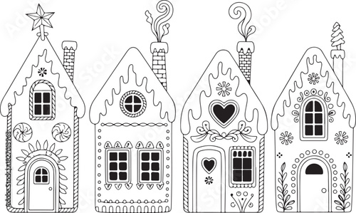 Four decorative gingerbread houses in a row silhouette