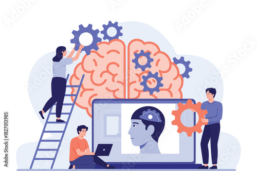 People working on brain illustration with gears and laptop screen image
